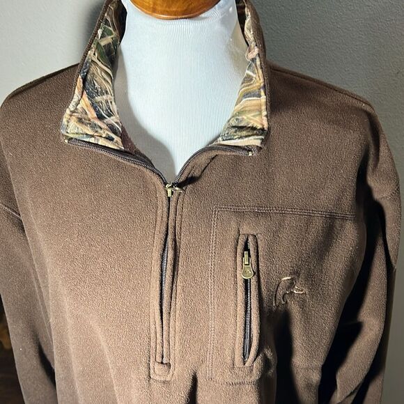 Ducks Unlimited Brown w/ Camo Col1ar 1/4 Zip Fleece Pullover Shirt Mens Sz XL. - Picture 2 of 4